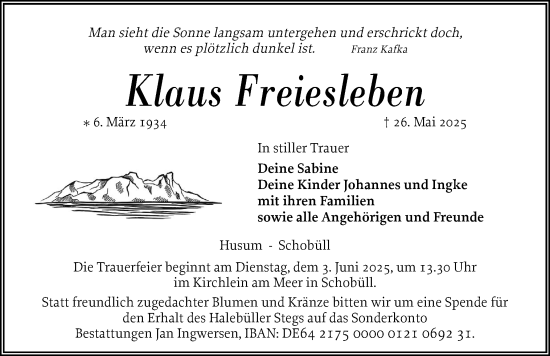 Traueranzeige von Klaus Freiesleben von Husumer Nachrichten, Nordfriesland Tageblatt