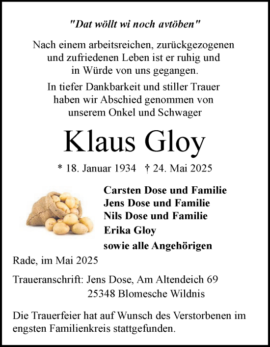 Traueranzeige von Klaus Gloy von Norddeutsche Rundschau, Wilstersche Zeitung, Glückstädter Fortuna