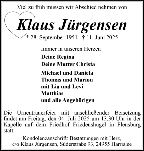 Traueranzeige von Klaus Jürgensen von Flensburger Tageblatt