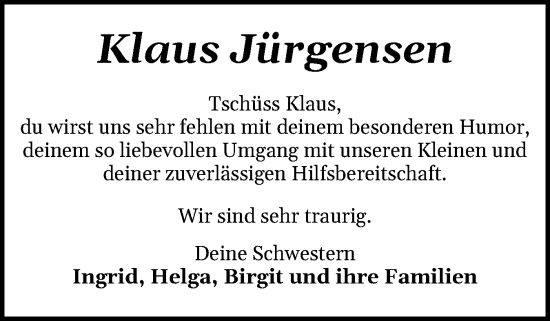 Traueranzeige von Klaus Jürgensen von Flensburger Tageblatt