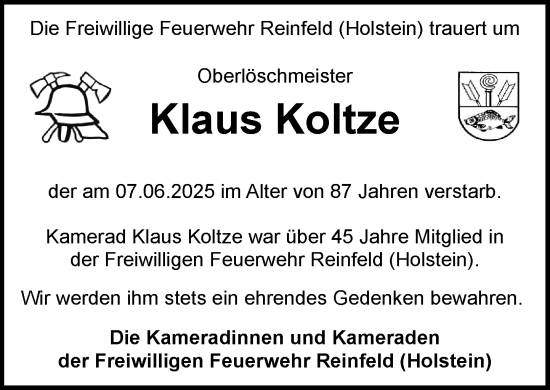 Traueranzeige von Klaus Koltze von MARKT Bad Oldesloe/Reinfeld und Stormarner Tageblatt