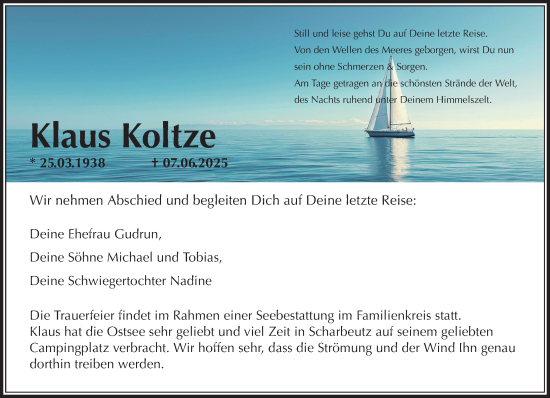 Traueranzeige von Klaus Koltze von MARKT Ratzeburg/Mölln