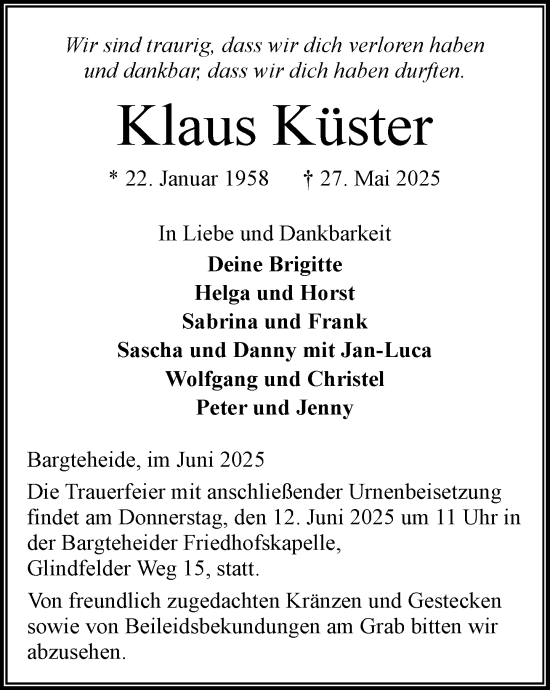 Traueranzeige von Klaus Küster von MARKT Ahrensburg/Bargteheide/Trittau und Stormarner Tageblatt