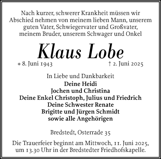 Traueranzeige von Klaus Lobe von Husumer Nachrichten, Nordfriesland Tageblatt