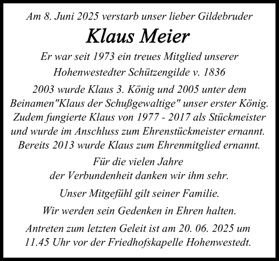 Traueranzeige von Klaus Meier von Schleswig-Holsteinische Landeszeitung