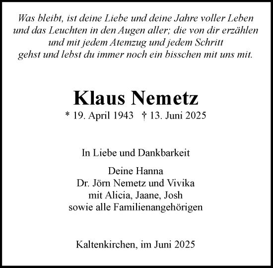 Traueranzeige von Klaus Nemetz von Umschau