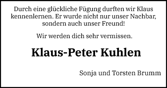 Traueranzeige von Klaus-Peter Kuhlen von Schleswig-Holsteinische Landeszeitung