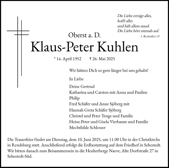 Traueranzeige von Klaus-Peter Kuhlen von Schleswig-Holsteinische Landeszeitung