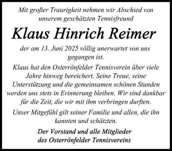 Traueranzeige von Klaus Reimer von Schleswig-Holsteinische Landeszeitung