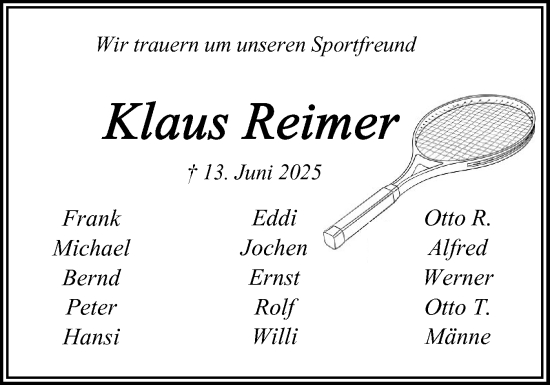 Traueranzeige von Klaus Reimer von Schleswig-Holsteinische Landeszeitung
