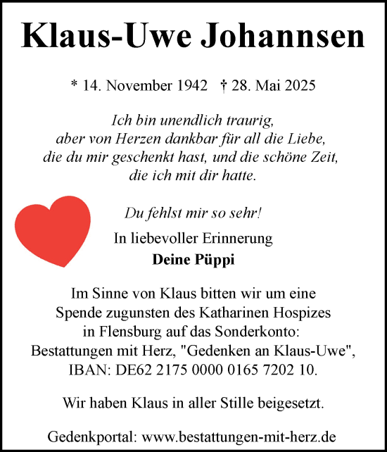 Traueranzeige von Klaus-Uwe Johannsen von Flensburger Tageblatt