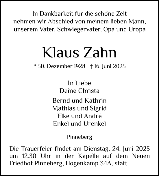 Traueranzeige von Klaus Zahn von Region Pinneberg und tip Pinneberg