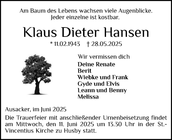 Traueranzeige von Klaus Dieter Hansen von Flensburger Tageblatt