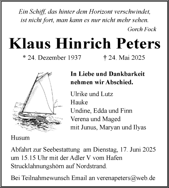 Traueranzeige von Klaus Hinrich Peters von Husumer Nachrichten, Nordfriesland Tageblatt
