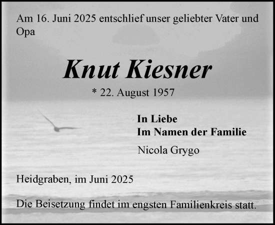 Traueranzeige von Knut Kiesner von Elmshorner Nachrichten, Barmstedter Zeitung