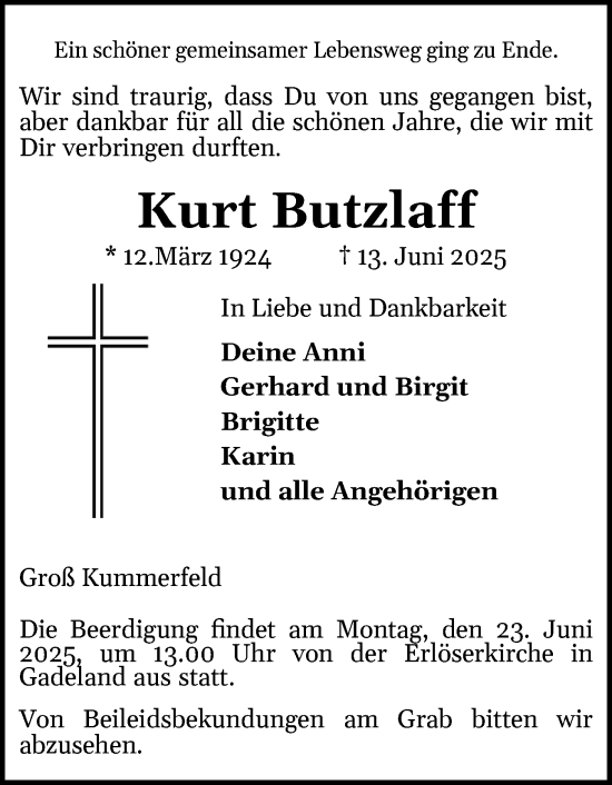 Traueranzeige von Kurt Butzlaff von Holsteinischer Courier