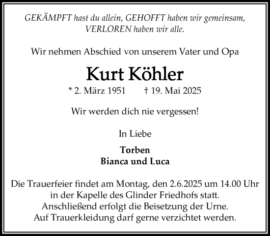 Traueranzeige von Kurt Köhler von MARKT Glinde/Reinfeld