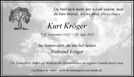 Traueranzeige von Kurt Kröger von Umschau