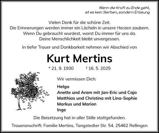 Traueranzeige von Kurt Mertins von Region Pinneberg und tip Pinneberg