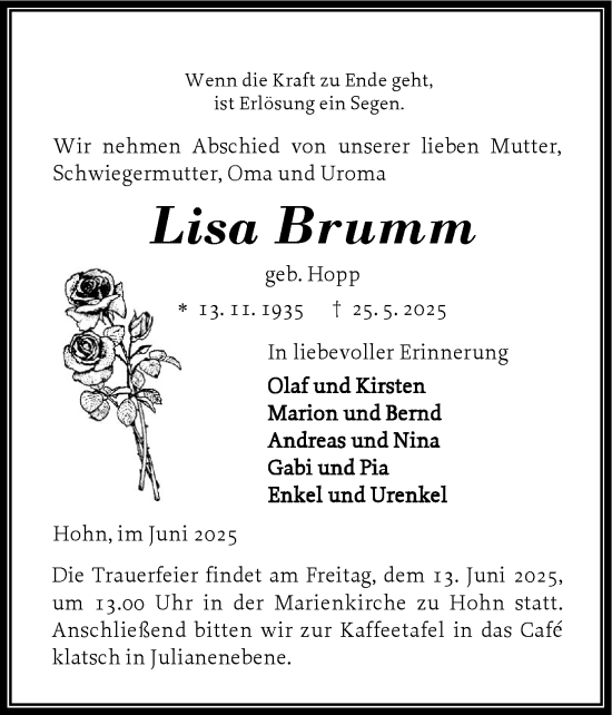 Traueranzeige von Lisa Brumm von Schleswig-Holsteinische Landeszeitung