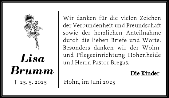 Traueranzeige von Lisa Brumm von Schleswig-Holsteinische Landeszeitung