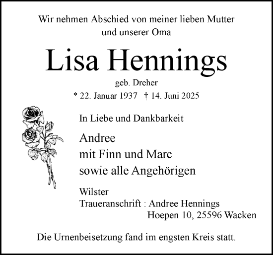 Traueranzeige von Lisa Hennings von Norddeutsche Rundschau, Wilstersche Zeitung, Glückstädter Fortuna