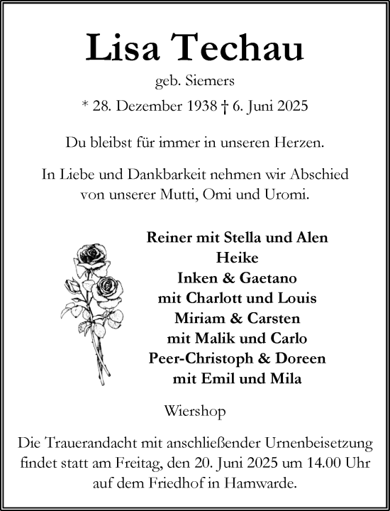 Traueranzeige von Lisa Techau von Wochenend Anzeiger
