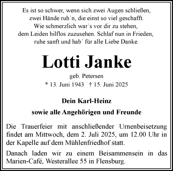 Traueranzeige von Lotti Janke von Flensburger Tageblatt