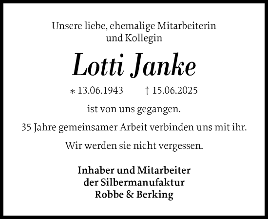 Traueranzeige von Lotti Janke von Flensburger Tageblatt
