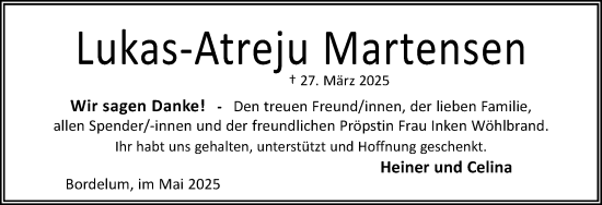 Traueranzeige von Lukas-Atreju Martensen von Husumer Nachrichten, Nordfriesland Tageblatt