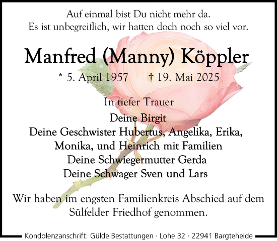 Traueranzeige von Manfred Köppler von MARKT Ahrensburg/Bargteheide/Trittau und Stormarner Tageblatt