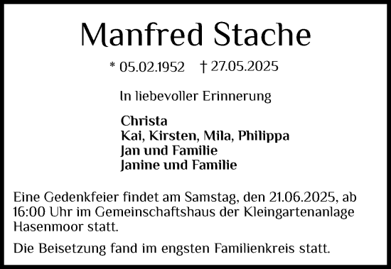 Traueranzeige von Manfred Stache von Region Pinneberg und tip Pinneberg