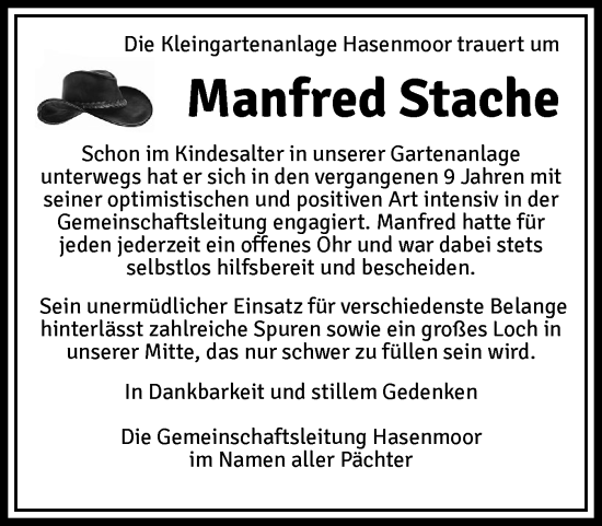 Traueranzeige von Manfred Stache von Region Pinneberg und tip Pinneberg