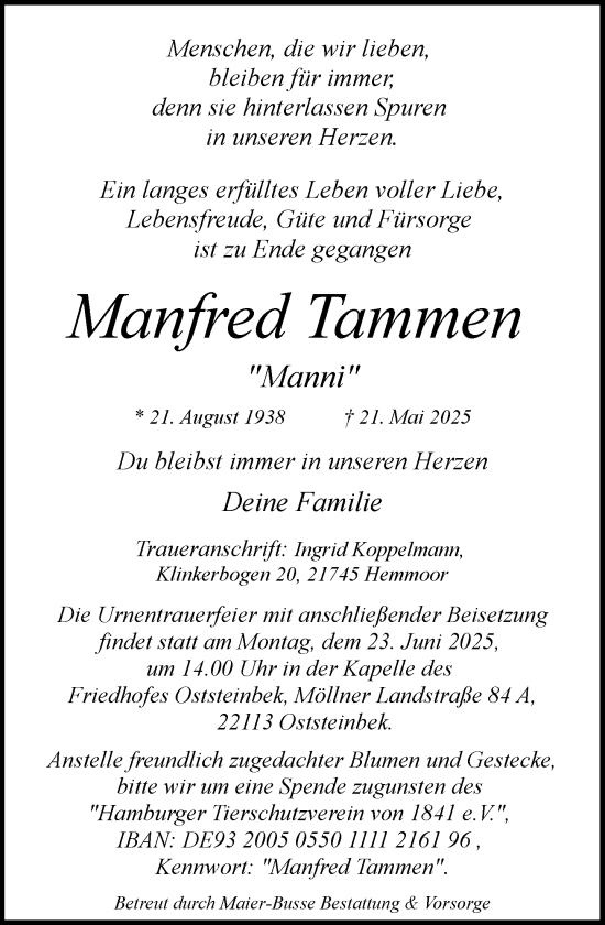 Traueranzeige von Manfred Tammen von MARKT Glinde/Reinfeld