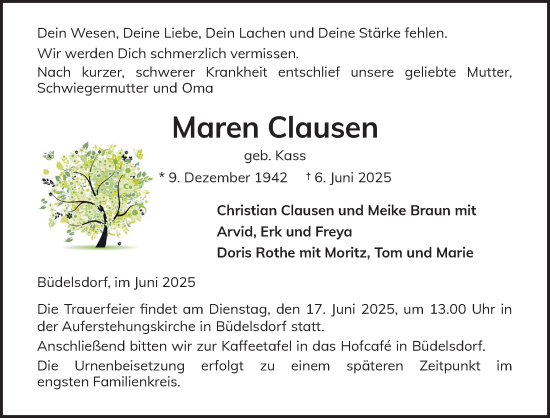 Traueranzeige von Maren Clausen von Schleswig-Holsteinische Landeszeitung