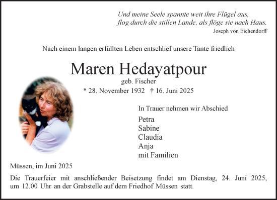 Traueranzeige von Maren Hedayatpour von Wochenend Anzeiger