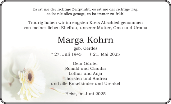 Traueranzeige von Marga Kohrn von Uetersener Nachrichten, Der tip am Wochenende