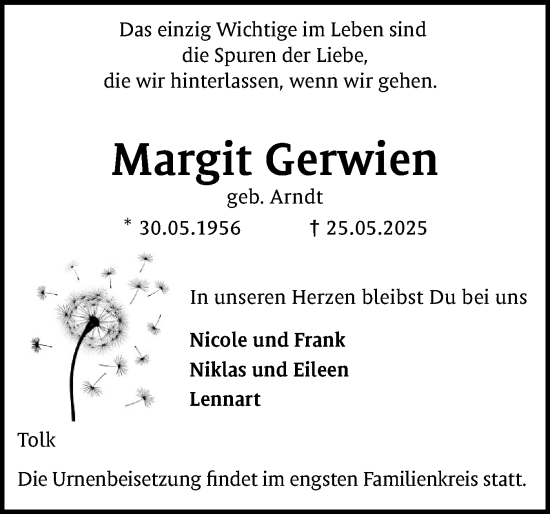 Traueranzeige von Margit Gerwien von Schleswiger Nachrichten, Schlei-Bote