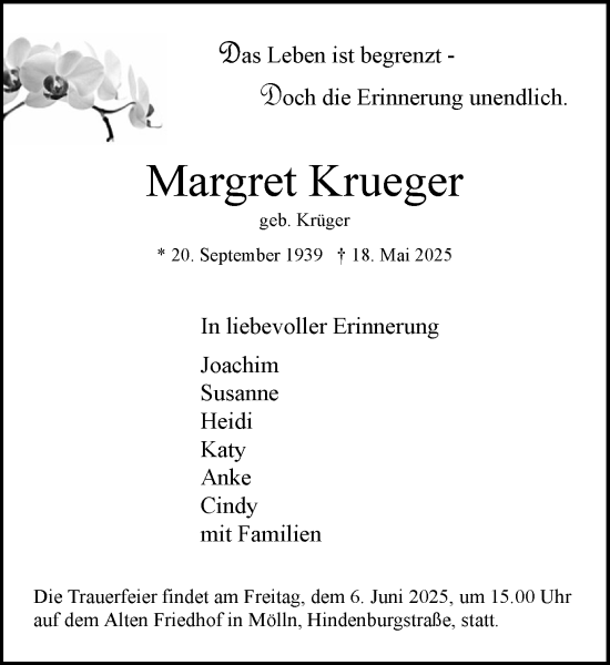 Traueranzeige von Margret Krueger von MARKT Ratzeburg/Mölln
