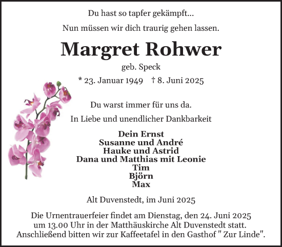 Traueranzeige von Margret Rohwer von Schleswig-Holsteinische Landeszeitung