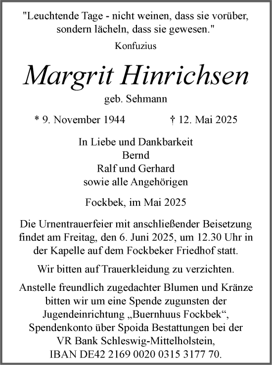 Traueranzeige von Margrit Hinrichsen von Schleswig-Holsteinische Landeszeitung