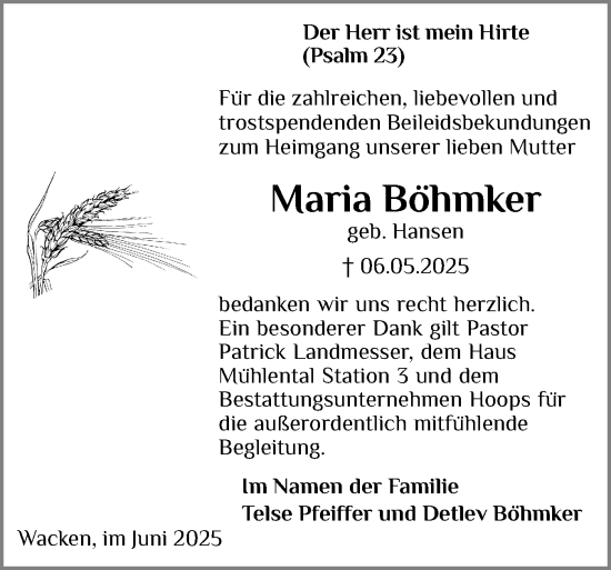 Traueranzeige von Maria Böhmker von Norddeutsche Rundschau, Wilstersche Zeitung, Glückstädter Fortuna