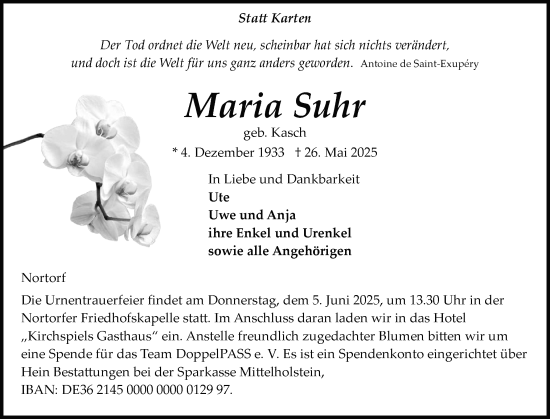 Traueranzeige von Maria Suhr von Schleswig-Holsteinische Landeszeitung