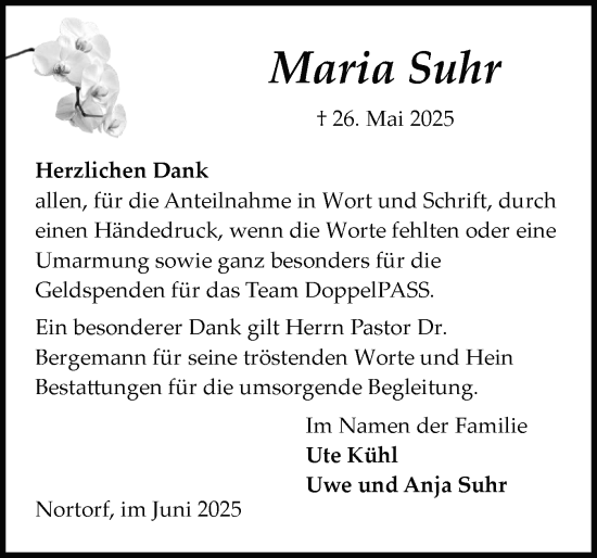 Traueranzeige von Maria Suhr von Schleswig-Holsteinische Landeszeitung