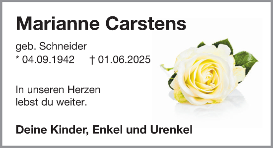 Traueranzeige von Marianne Carstens von MARKT Ahrensburg/Bargteheide/Trittau und Stormarner Tageblatt
