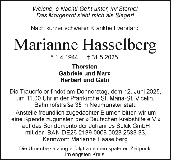 Traueranzeige von Marianne Hasselberg von Holsteinischer Courier