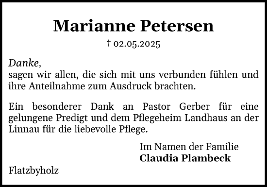 Traueranzeige von Marianne Petersen von Flensburger Tageblatt