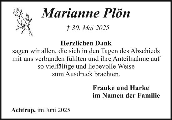 Traueranzeige von Marianne Plön von Region Flensburg