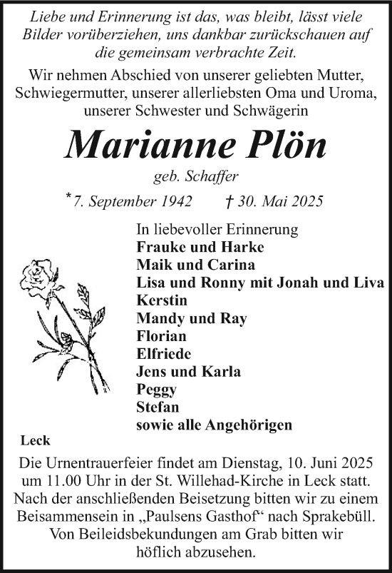 Traueranzeige von Marianne Plön von Region Flensburg