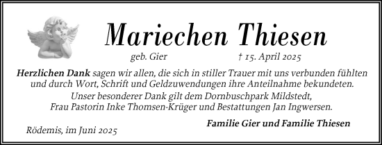 Traueranzeige von Mariechen Thiesen von Husumer Nachrichten, Nordfriesland Tageblatt